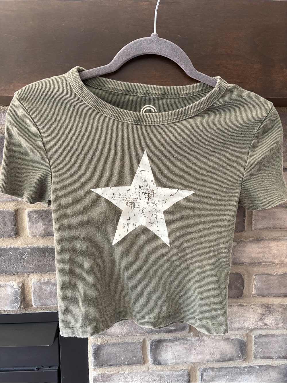 Olive Green Star Crop Tee - Women's Ribbed Short Sleeve